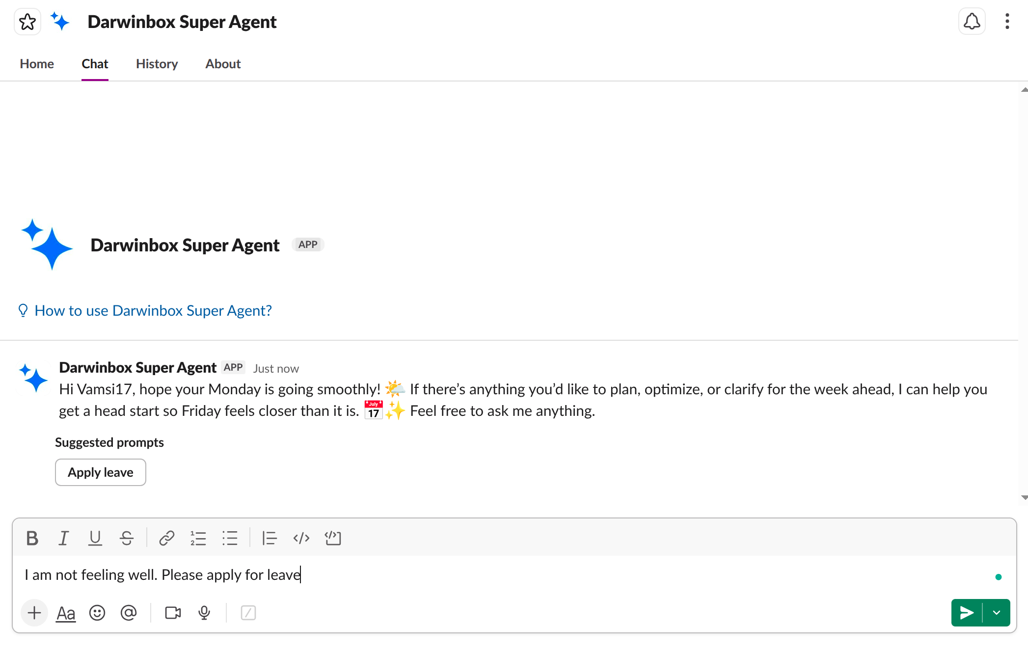 Starting a conversation with Darwinbox Agent in Slack
