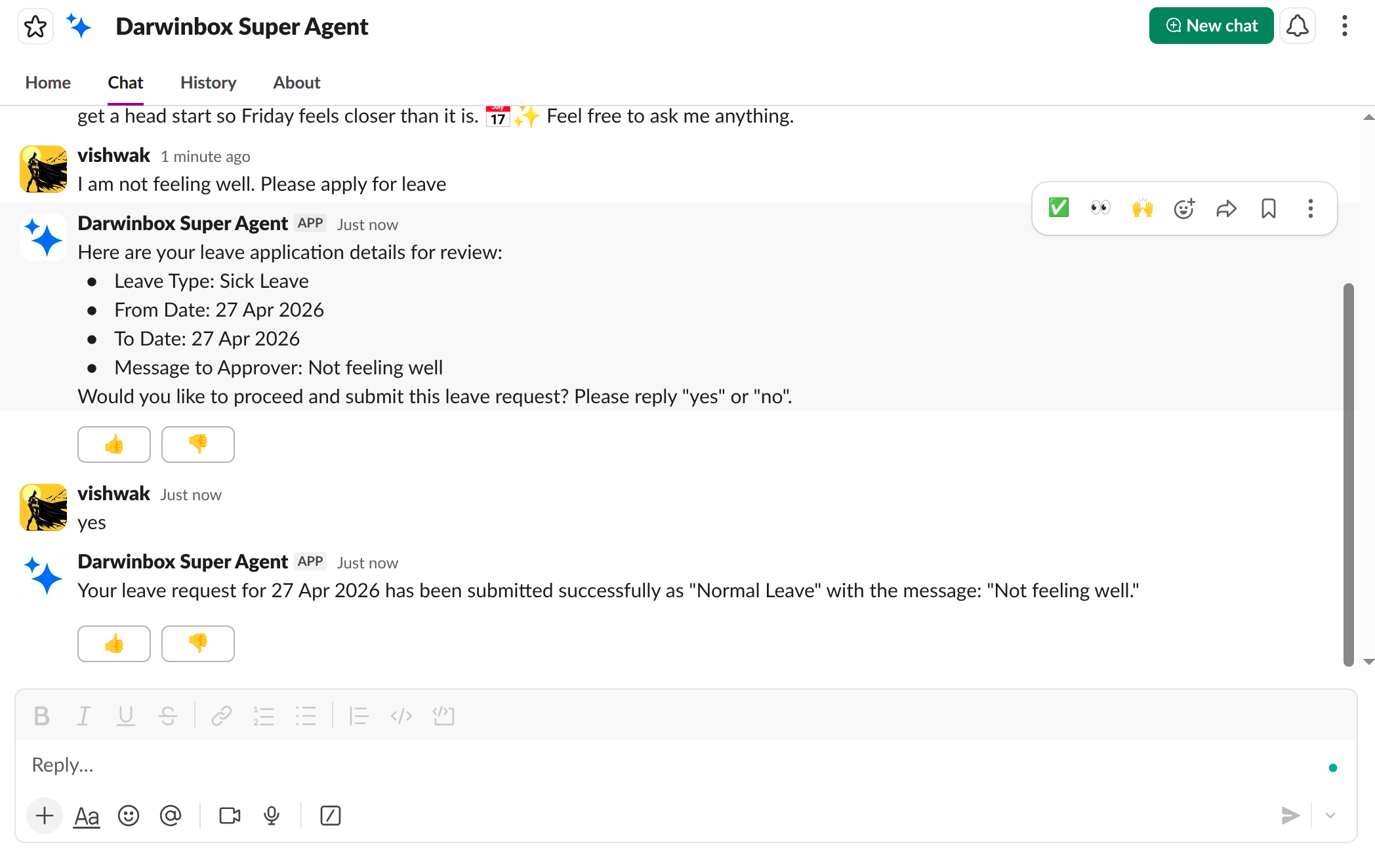 Applying for leave through Darwinbox Agent